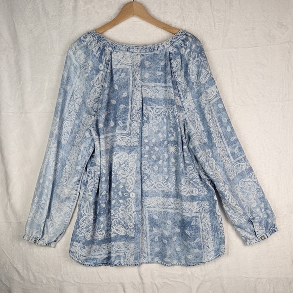 Vintage America Chambray Denim Peasant Blouse Top XXL Blue Handkerchief Print - Picture 2 of 15